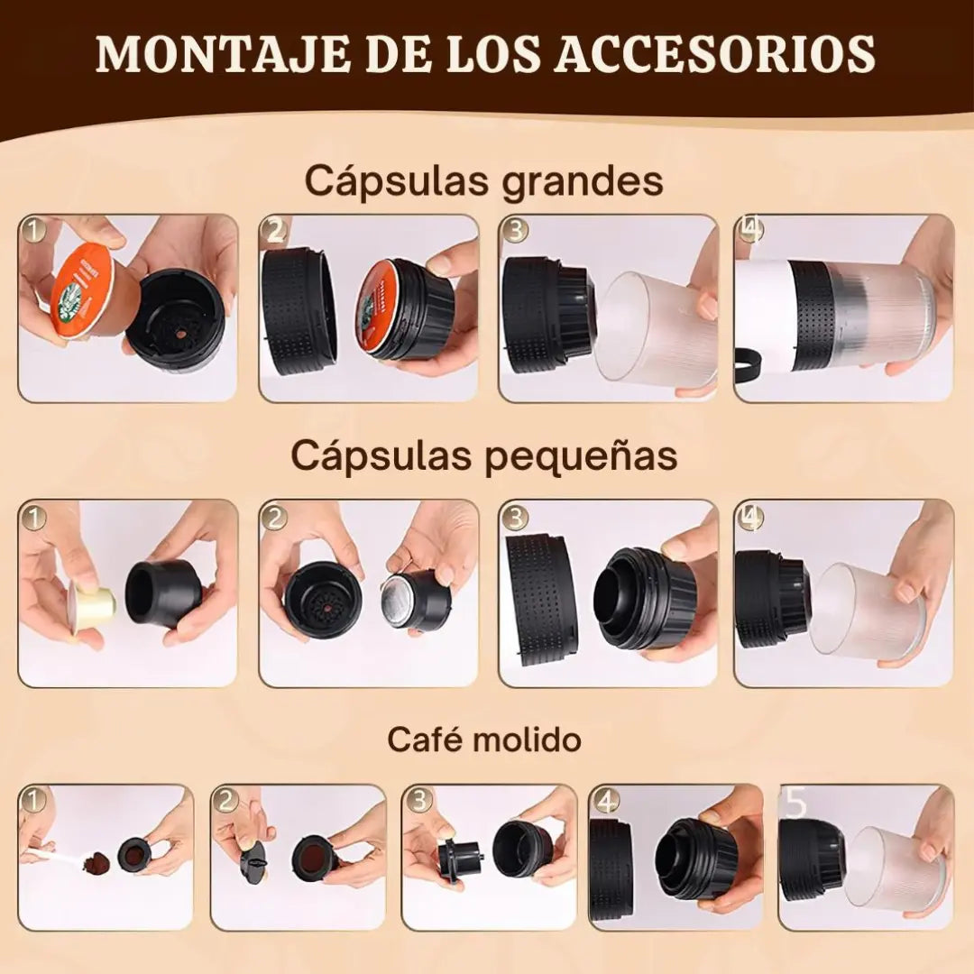 "Disfruta de un Café Delicioso en Cualquier Lugar con la Cafetera Portátil 3 en 1. Compatible con Cápsulas, Fácil de Usar y Perfecta Para Llevar a Todas Partes. ¡Tu Café Siempre a Mano!"